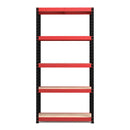 Nautilus Designs RB Boss 5-tier shelving unit with red and black powder-coated steel frame and MDF shelves, 1800x900x300mm.