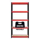 Nautilus Designs RB Boss 5-tier shelving unit with red and black powder-coated steel frame and MDF shelves, 1800x900x300mm.