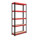Nautilus Designs RB Boss 5-tier shelving unit with red and black powder-coated steel frame and MDF shelves, 1800x900x300mm.