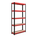 Nautilus Designs RB Boss 5-tier shelving unit with red and black powder-coated steel frame and MDF shelves, 1800x900x400mm