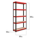Nautilus Designs RB Boss 5-tier shelving unit with red and black powder-coated steel frame and MDF shelves, 1800x900x400mm