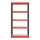 Nautilus Designs RB Boss 5-tier shelving unit with red and black powder-coated steel frame and MDF shelves, 1800x900x400mm