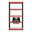 Nautilus Designs RB Boss 5-tier shelving unit with red and black powder-coated steel frame and MDF shelves, 1800x900x400mm.