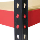 Close-up of Nautilus Designs RB Boss FastLok 4-tier shelving unit with red and black powder-coated steel frame and MDF shelves.