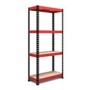 Nautilus Designs RB Boss FastLok 4-tier shelving unit with red and black steel frame and MDF shelves, 1600x750x350mm.