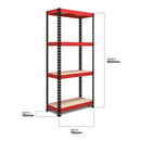 Nautilus Designs RB Boss FastLok 4-tier shelving unit with red and black steel frame and MDF shelves, 1600x750x350mm.