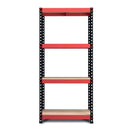 Nautilus Designs RB Boss FastLok 4-tier shelving unit with red and black powder-coated steel frame and MDF shelves, 1600x750x350mm