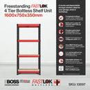 Nautilus Designs RB Boss FastLok 4-tier shelving unit with red and black steel frame and MDF shelves, 1600x750x350mm, 175kg UDL