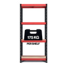 RB Boss FastLok 4-tier shelving unit by Nautilus Designs with red and black steel frame and MDF shelves, 1600x750x350mm size.