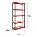 Nautilus Designs RB Boss FastLok 5-tier shelving unit with red and black powder-coated steel frame and MDF shelves, 1800x900x300mm