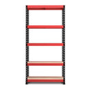 Nautilus Designs RB Boss FastLok 5-tier shelving unit with red and black powder-coated steel frame and MDF shelves, 1800x900x300mm