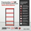 RB Boss FastLok 5-tier shelving unit by Nautilus Designs with red and black powder-coated steel frame and MDF shelves, 1800x900x300mm