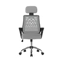 Nautilus Designs Sigma high back mesh office chair in grey with adjustable headrest and fixed arms, front view.