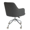 Gray Girona fabric medium back armchair by Nautilus Designs with castors and glides, shown from the back side.