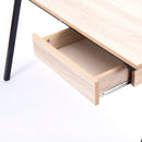 Nautilus Designs Tyrol compact workstation with oak top, black legs, and suspended underdesk drawer for organized workspace.