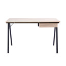 Nautilus Designs Tyrol compact workstation with oak top and black legs, featuring a suspended underdesk drawer.