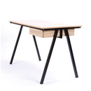 Nautilus Designs Tyrol compact workstation with black legs and oak top, featuring a suspended underdesk drawer and front view.