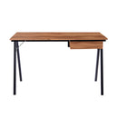 Nautilus Designs Tyrol compact workstation with walnut top and black legs, featuring a suspended underdesk drawer for workspace organization.
