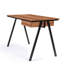 Nautilus Designs Tyrol compact workstation with walnut top, black legs, suspended underdesk drawer, front and side view.