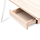 Nautilus Designs Tyrol compact workstation with oak top, white legs, and suspended underdesk drawer for organized workspace.