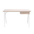 Nautilus Designs Tyrol compact workstation with oak top and white legs, featuring a suspended underdesk drawer.