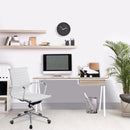 Nautilus Designs Tyrol Compact Workstation with oak top and white legs, featuring a suspended underdesk drawer for organized workspace.