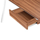 Nautilus Designs Tyrol compact workstation with walnut top, white leg, suspended underdesk drawer, detailed view of workspace and storage.