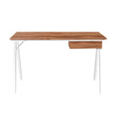 Nautilus Designs Tyrol compact workstation with walnut top and white legs, featuring a suspended underdesk drawer for workspace organization.