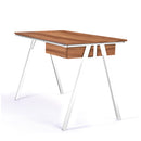 Nautilus Designs Tyrol compact workstation with walnut top and white legs, featuring a suspended underdesk drawer on a 1200x600x730 frame.