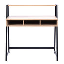 Nautilus Designs Vienna Compact Two Tier Workstation with oak top, black frame, upper storage shelf, and stylish feature design.