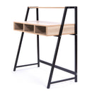 Nautilus Designs Vienna Compact Two Tier Workstation with oak top, black frame, upper storage shelf, and sleek modern design
