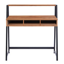 Nautilus Designs Vienna Compact Two Tier Workstation with walnut top, stylish black frame, and upper storage shelf.