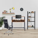 Nautilus Designs Vienna Compact Two Tier Workstation with walnut top, stylish feature frame, and upper storage shelf in a modern home office setting.