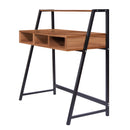 Nautilus Designs Vienna Compact Two Tier Workstation with walnut top, stylish feature frame, and upper storage shelf, front view.