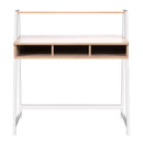 Nautilus Designs Vienna compact two-tier workstation with oak top, white frame, and upper storage shelf in front view.