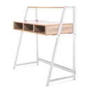 Nautilus Designs Vienna Compact Two Tier Workstation with oak top, white legs, stylish frame, and upper storage shelf.