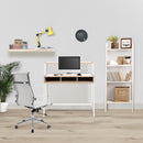 Nautilus Designs Vienna Compact Two Tier Workstation with oak top, stylish feature frame, upper storage shelf, and white legs.