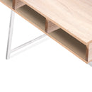 Nautilus Designs Vienna compact two-tier workstation with oak top, white feature frame, upper storage shelf, and modern leg details.
