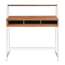 Nautilus Designs Vienna Compact Two Tier Workstation with walnut top, stylish feature frame, and upper storage shelf in front view.