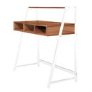 Nautilus Designs Vienna compact two-tier workstation with walnut top, stylish feature frame, and upper storage shelf, front view.