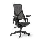 Black Dams Pivot high back task chair with mesh upholstery and adjustable arms, designed for ergonomic office seating.