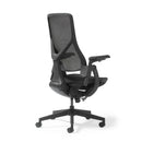 Black Dams Pivot high back task chair with mesh upholstery and adjustable arms, designed for ergonomic office comfort.