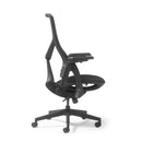 Dams Pivot high back task chair with black mesh upholstery and adjustable arms, shown from the side angle.