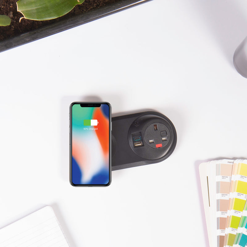 Pixel Arc In-Surface Power Module 1 x UK Socket, 1 x TUF (A&C) USB Connectors And 10W Wireless Charger - Black - NWOF