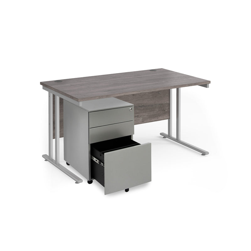 Maestro 25 Straight Desk & Steel Under Desk Pedestal Bundle - Grey Oak
