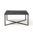 Large square Dams Siano coffee table with black steel frame and lotus wood top, shown from the front.