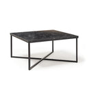 Large square Dams Siano coffee table with lotus wood top and black steel frame, modern living room furniture piece.