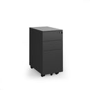 Black Steel 3 Drawer Narrow Mobile Pedestal by Dams, featuring compact design with lockable drawers for office storage.