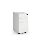 White Steel 3-Drawer Narrow Mobile Pedestal by Dams with casters for office storage and easy mobility.