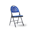 Dams Spira Steel Folding Chairs with fabric seats and backs, set of four, stacked and ready for use.